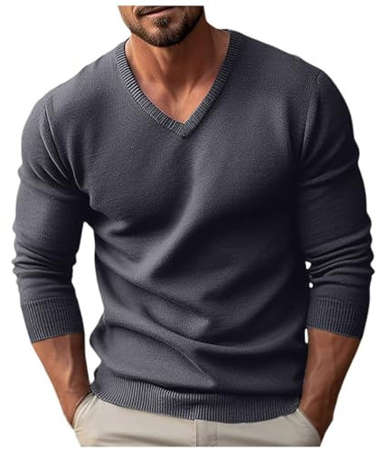 Cexiakong Jersey de punto para hombre, cuello de pico, jersey básico de invierno, cálido, suéter de trabajo, para otoño e invierno, manga larga, holgada, gris, M