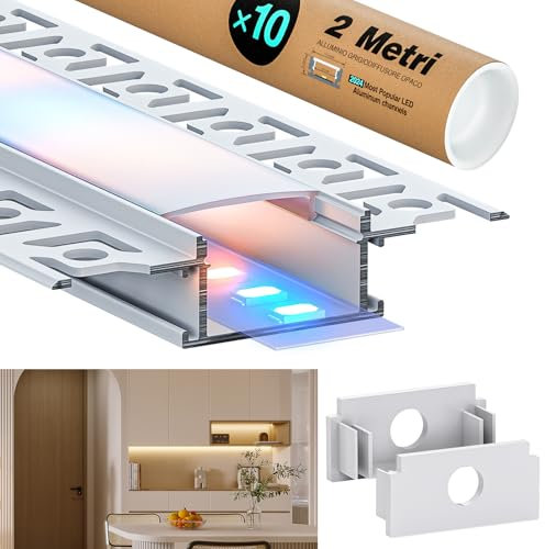 LASLUX 10 x LED Aluminium Profil 2 m (20m) Led Trockenbau Profil led fliesenprofil für als 20 mm oder Dual Led Streifen/Led Leisten/Led Profil, with Milchig Weißer Abdeckung Endkappen - 64,2 x 13,8 mm