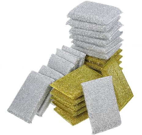 Healeved 24piezas Esponja para Fregar Platos con Purpurina Dorada y Plateada Almohadilla De Limpieza Doméstica para Cocina y Baño Resistente para Eliminar Suciedad Sin Rayar