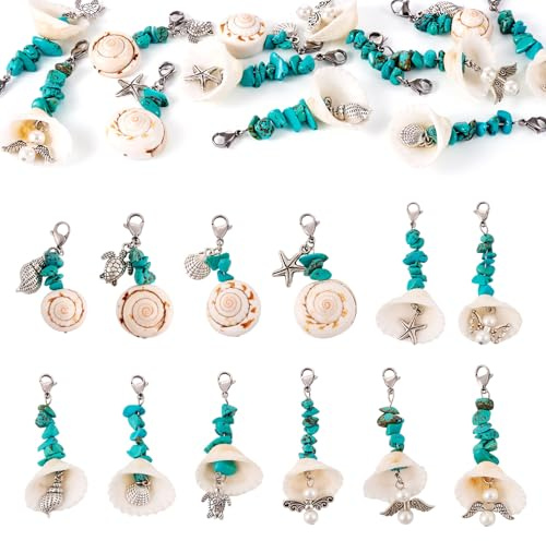 Sparkeads 12 ciondoli conchiglie naturali, perline turchesi, chiusure moschettone, gioielli artigianali, collane fai-da-te, orecchini, portachiavi, accessori