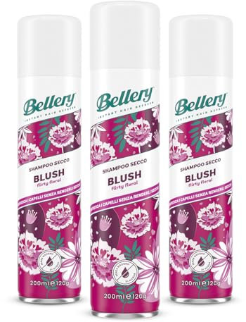 Bellery Blush Flirty Floral Dry Shampoo – Trockenshampoo für alle Haartypen – erfrischende und belebende Formel – fruchtiger und blumiger Duft – 3 Shampoo Spray à 200 ml