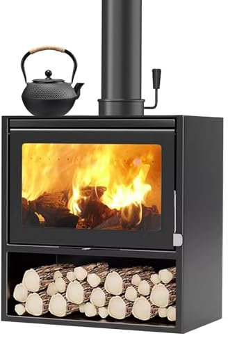 Termocamino Stufa Indipendente Stufa a Legna Caminetto Camino a Legna Ventilato con Finestra In Vetro Ceramico e Bollitore In Ghisa da 900ml (60x49x85cm)