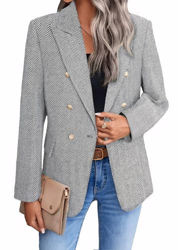 Mina Self 2024 Tweed-Blazer für Damen, Weihnachten, vollständig gefüttert, warm, modisch, lässig, elegant, Arbeitsjacke, Manteltaschen, Fischgräten/Grau, M