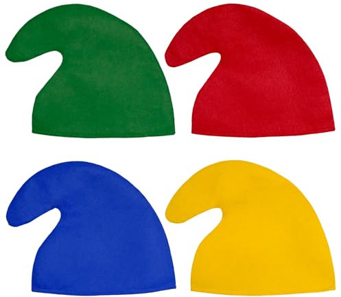 HVIHWI 4 Stück Zwergenmütze für Erwachsene, Einheitsgröße, Zipfelmütze für Karneval, Fasching, Halloween, Kostümzubehör, Wichtelmütze Elfenmütze, Mottoparty Accessoire
