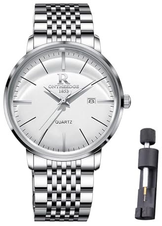 Raitown Herrenuhr Edelstahl, 40mm gewölbtes Glas, Retro-Stil mit minimalistischem Design, Zifferblatt mit Datum, 30M wasserdicht, Analoges Quarzwerk, Männer Armbanduhr Silber