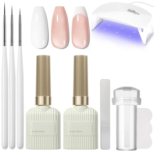 French Manicure Nail Polish Kit, Jelly Nude and White Gel Nail Polish Set, French Manicure Kit with 3Pcs Nail Art Pen, UV/LED Lamp and Nail Stamper, Jelly Nail Varnish Gel Kit Women Nail Art Home