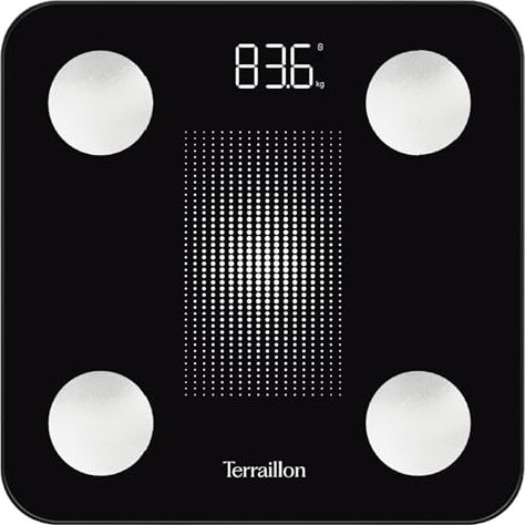 TERRAILLON - WEIGHT CONNECT - Balance connectée Bluetooth, Analyse des masses graisseuse, musculaire, hydrique et osseuse, IMC, Capacité 180 kg, Graduation 50g, Ecran LED, Plateau verre, Sérigraphié