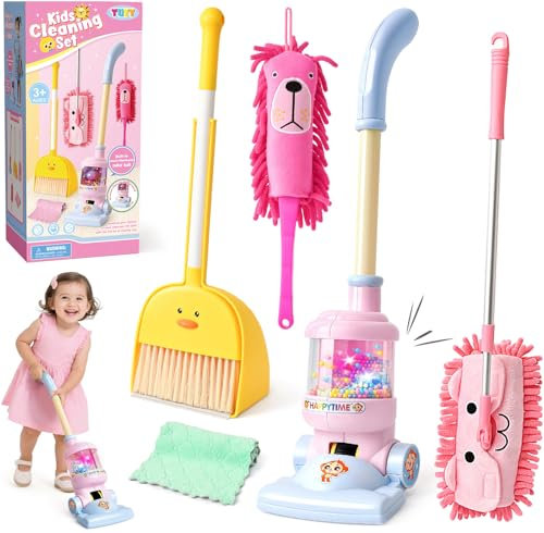Animale Set Pulizia Bambini Giocattolo con Scopa e Paletta & Aspirapolvere Giocattolo Bambini & Mop & Spolverino per Polvere & Panno Microfibra, Giocattoli Educativi Regalo per Bambini 3 4 5 6 Anni