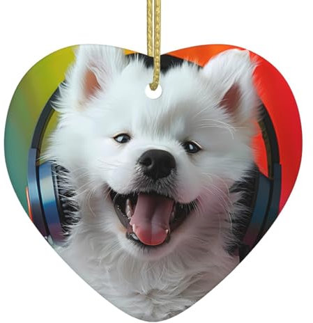 Christbaumkugel in Herzform, Keramik, zum Aufhängen, Motiv: Welpe, zum Hören, Weihnachtsschmuck für festliche Party, Neujahr, Weiß