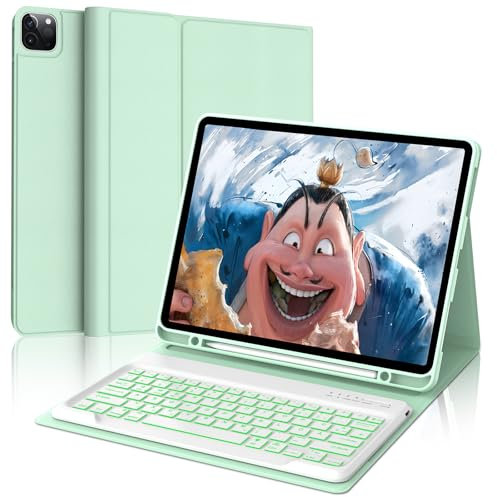 FOGARI Hülle mit Tastatur für iPad Pro 12.9 (6/5/4/3 Gen), 7 Farben Beleuchtung, Deutsches QWERTZ, Magnetisch Abnehmbarer Bluetooth Tastatur für iPad 12,9 Zoll, Hellgrün