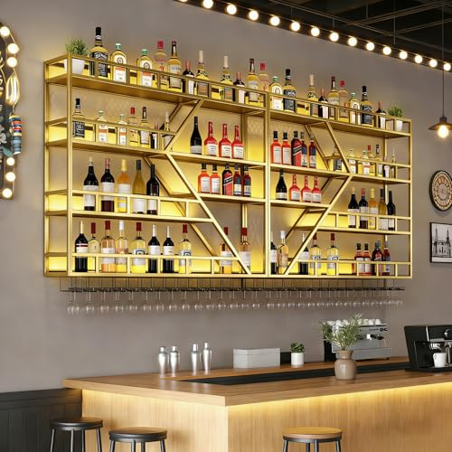 RAJYQODIS Weinregal Wand Metall (Gold, 4 Niveles-200cm) | Bar Regal mit Weingläserhalter - Modernes Weinflaschenregal für Küche, Esszimmer, Home Bar und Restaurant, Wandmontage