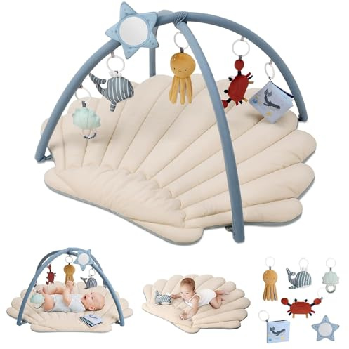 Blissful Diary Spielbogen Baby, Spieldecke Baby Gym Activity Decke mit 6 Abnehmbare Spielzeuge, krabbeldecke Einfach zu Installieren und zu Reinigen, Unverzichtbare Babygeschenke, Boho-Ozean-Thema