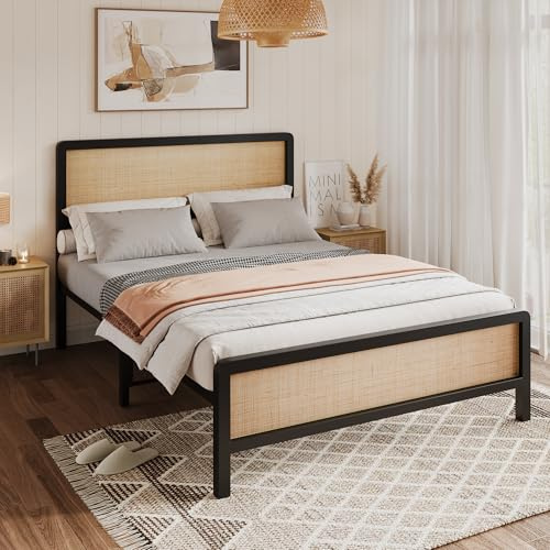 GAOMON Boho Rattan Queen Size Bed Frame with Headboard and Footboard, Black Metal Platform Bed, Natural Rattan Panels, Under-Bed Storage, No Box Spring Needed, Farmhouse Style