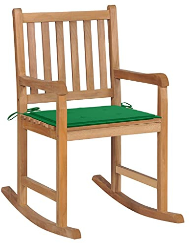 HaoChrymec Schaukelstuhl mit Grünem Kissen aus Massivholz Teak, Relaxsessel für Outdoor, Gartenmöbel für Balkon und Terrasse, Sitzhöhe 54.5 cm, 58 x 92.5 x 106 cm