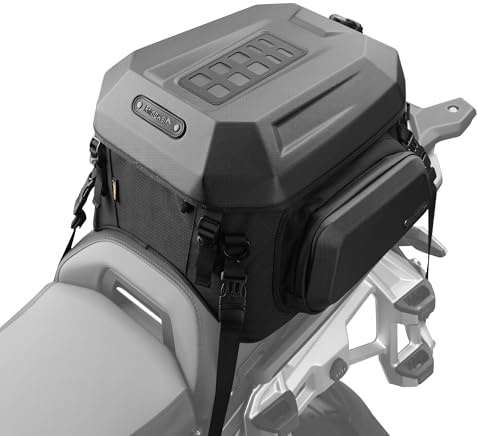 Rhinowalk Bolsa trasera de motocicleta rígida – Bolsa de sillín trasera expandible de 23 a 35 L con compartimentos laterales, forro interior impermeable, almacenamiento de casco, mochila convertible