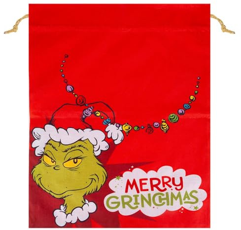 VFM e-Store - Grinch Christmas Santa Sack Festive Gift Present Bag Holder Dr Seuss Xmas Theme Fun Design - 80cm X 60cm Red X 1