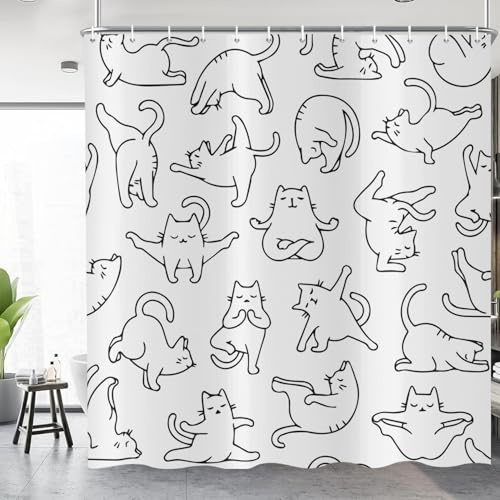 ASDCXZ Duschvorhang Lustig Katze 180x200 cm, Niedlich Cartoon Schwarz Weiß Linien Yoga Kätzchen Kinder Wasserdicht Badvorhang Polyester Textil Waschbar Duschvorhänge für Badewanne mit 12 Haken