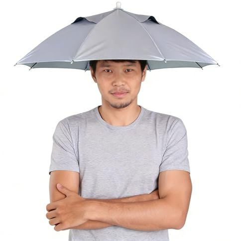 BuyWeek Sombrilla Sombrero Plegable 65 cm Protección Lluvia y Sol | Paraguas de pesca tipo sombrero con diadema ajustable, 8 varillas, diseño manos libres para senderismo, golf y outdoor