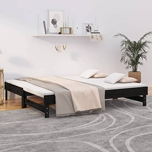 QJBSAVVA Tagesbett ausziehbar Schwarz 90x190 cm Massivholz Kiefer, platzsparendes Gästebett mit Lattenrost, 192,5x180x33,5 cm, Robustes Holzbett für Wohnzimmer Schlafzimmer und Jugendzimmer