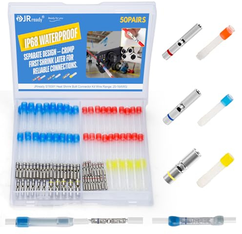 JRready Lot de 50 paires de connecteurs thermorétractables ST6581 étanches IP68 MiniSeal 26-12 AWG bleu, jaune, rouge - Connecteurs en cuivre étamé - M81824/1 - Manchons isolants en polyéthylène