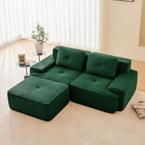 Modulares Cord Sofa L-förmiges Ecksofa Schlafsofa mit Ottoman Hocker Wohnzimmer Couch mit Komfort & Tiefsitz-Unterstützung, Ohne Montage 32D Hochelastische Schaum Boneless Sofa (Grün, 2-Sitzer+1)