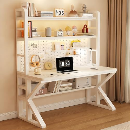 Esspoxi Schreibtisch mit Regalwand & Lochplatte, Home Office Arbeitstisch mit viel Stauraum, Platzsparender Bürotisch Sekretär für Schüler & Studenten, Weiß Metallgestell(Weiß,39.4in)