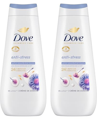 DOVE Gel Douche Anti-Stress Camomille & Lait d'Avoine 0% Sulfate 2x400ml | Nourrit et Prend Soin des Peaux Sèches, 24h Sensation Peau Douce Comme un Lait Corporel, Testé Dermatologiquement
