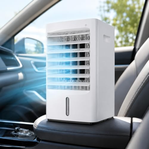 Sushangmao Raffrescatore d'Aria Portatile 12v/24v, Condizionatore d'Aria Portatile, Ventilatore per Auto 4 in 1 con Serbatoio dell'Acqua da 4 Litri, 3 velocità, Telecomando, Timer da 7,5 Ore 12V
