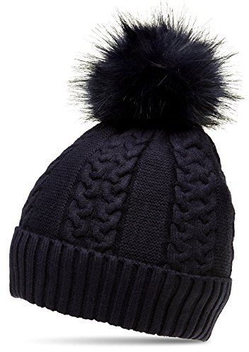Caspar MU160 Damen gefütterte Mütze Strickmütze mit Kunstfell Bommel, Farbe:dunkelblau, Größe:One Size
