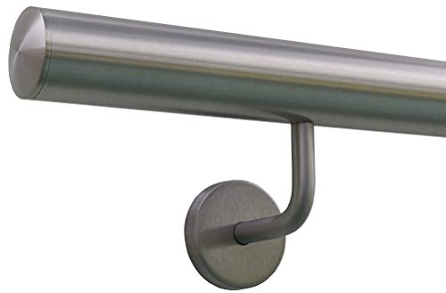 TIBU Handlauf Edelstahl 33,7 mm Geländer 0,3m - 6m, Länge 300 cm, Ende leicht gewölbte Kappe und gewinkelte Halter