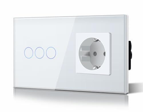 BSEED Touch Light Schalter mit Schuko Steckdose Glasrahmen Plug Sockel 3 Fach 2 Weg Design Glas Touch Schalter Wandschalter Weiß