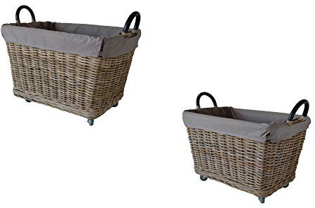 Set 2 pezzi B18-AMR+BMR Cesti Portalegna rettangolari con ruote, maniglie e fodera - cesti vimini rattan naturale - Offerta speciale! - Size : Big + Medium