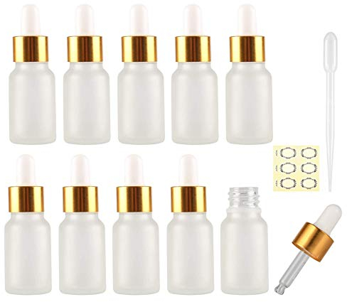 Alledomain 10Pcs, 5ml Frosted Glass Bottles with Dropper Pipettes, Mini Empty Dropper Bottles Golden Metal Cap Refillable Sample Container for Essential Oil/Aromatherapy Blends/Chemical Liquid