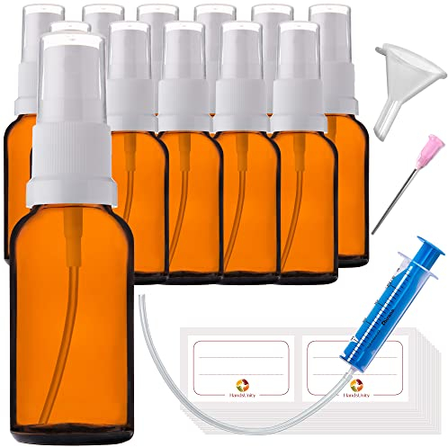 HandsUnity Botella de Vidrio Rociador Ámbar - 20ml-12 Piezas con Atomizador Blanco - Botellas de Farmacia con 29 Accesorios