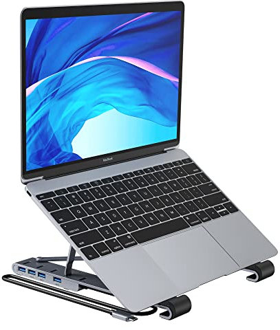 Portable Laptop Stand with 5 IN 1 USB C Hub, Aluminum Foldable Laptop Riser with 4 USB 3.0 Ports, 100W PD, Adjustable Desktop Stand USB C Multiport Adapter, Compatible with MacBook, HP, Dell and More