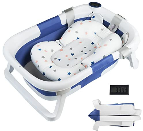 Sinbide - Baignoire Pliable Pour Bébé - Avec Bouchon de Vidange & Affichage de la Température & Coussin de Siège - Ultra Compact –pieds Antidérapants (Bleu)