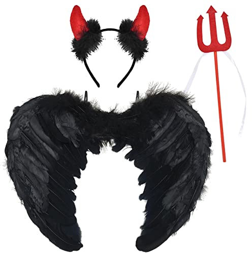 LGZIN Ailes d'ange, Ailes en Plumes Noir, Costumes d'ange Fête, Aile de Demon Noir avec Cornes de Diable Rouge et Bâton de Trident du Diable, Costume Aile d'ange pour Halloween, Carnaval, Cosplay