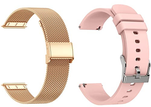 Popglory Cinturini di Ricambio per Smartwatch, 20MM Smart Watch Banda di Ricambio Milano Oro/Rosa Silicone per P22 (2PCS)