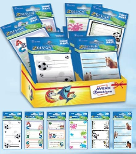 Avery España 48669 Sortiment 60 Aufkleber zum Beschriften von Büchern, Notizbüchern und Schulmaterialien, 6 verschiedene Fantasien, 60 Aufkleber auf Kartondisplay