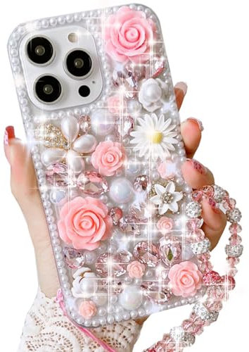 Changjia for iPhone 13 Pro Max Glitter Bling Case, Cute Luxury 3D Crystal Rhinestone Flowers Diamond Pearl with Wrist Strap Bracelet Chain Women Girls Case Cover for iPhone 13 Pro Max 6.7Inch (Pink)