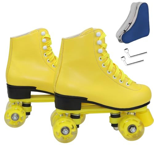 Wiwiy Roller Derby Skates for Women and Men,Yellow Roller Skates Professional Outdoor Indoor, Adjustable Four Wheel Senior Roller Skates (Women's 6 / Men's 5)
