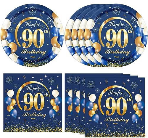 KHAIVI 90th Birthday Decorations for Men: Navy Blue & Gold Plates & Napkins, 40pcs