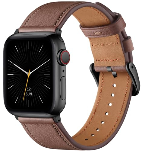 Oielai Lederarmband Kompatibel mit Apple Watch Armband 45mm 44mm 42mm 49mm, Weiches Echtes Lederband für Apple Watch SE/iWatch Series Ultra 9 8 7 6 5 4 3 2 1 für Herren Damen, Hell Braun