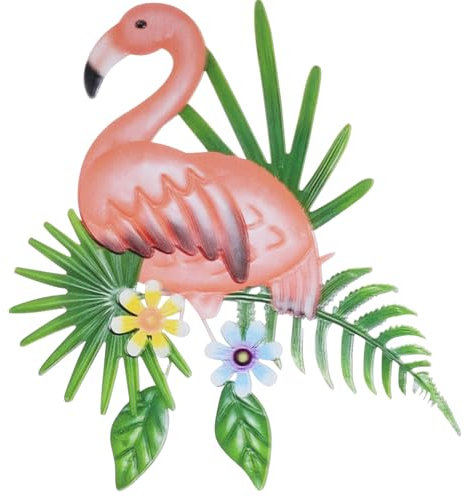 Amosfun Pendants muraux décoratifs en fer avec flamant rose et plantes vertes sculpture pour jardin extérieur et intérieur facile à installer 29,5 x 29 cm
