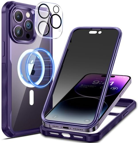 seacosmo Magnetic for iPhone 14 Pro Max Case, Privacy Phone Cover Compatible with Magsafe Built-in Anti Peep Tempered Glass Privacy Screen Protector and Camera Protective Full Body Shockproof - Purple