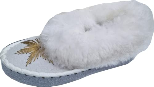 Generisch LAMMFELL Warme HAUSSCHUHE Mokassin Gr.36-37-38-39-41-42 NEU, Schaffell/-leder Schuhweite:NORMAL Handarbeit *Weiß* Gold Bestickt (39)