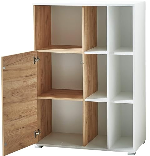 bümö Homy Aktenschrank & Regal Kombination, Büroschrank klein aus Holz 85cm breit in Weiß-Eiche - Schrank mit Aktenregal für's Büro & Homeoffice Ordnerschrank