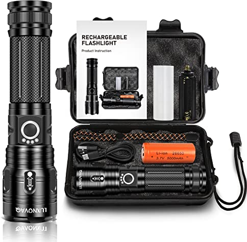 Torcia LED ricaricabile, potente torcia led da 15000 lumen, torce portatili tattiche, torce XHP70 LED super luminose, 5 modalità, torcia da regolabile impermeabile per escursionismo, emergenza
