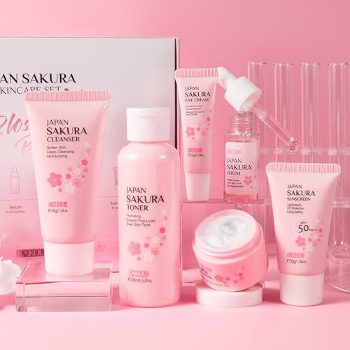 LAIKOU 6 Piezas Skincare Coreano Completo Sakura, Skincare Glow Set con Limpiador Facial, Tónico Hidratante, Suero, Crema para Ojos, Crema Hidratante y Crema Solar