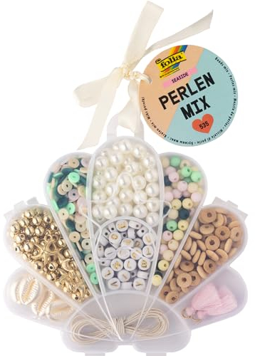 folia 32020 - Perlen Mix SEASIDE, 535 Stück in verschiedenen Formen und Farben, Inkl. 2,2 m Gummiband zum auffädeln und Aufbewahrungsbox